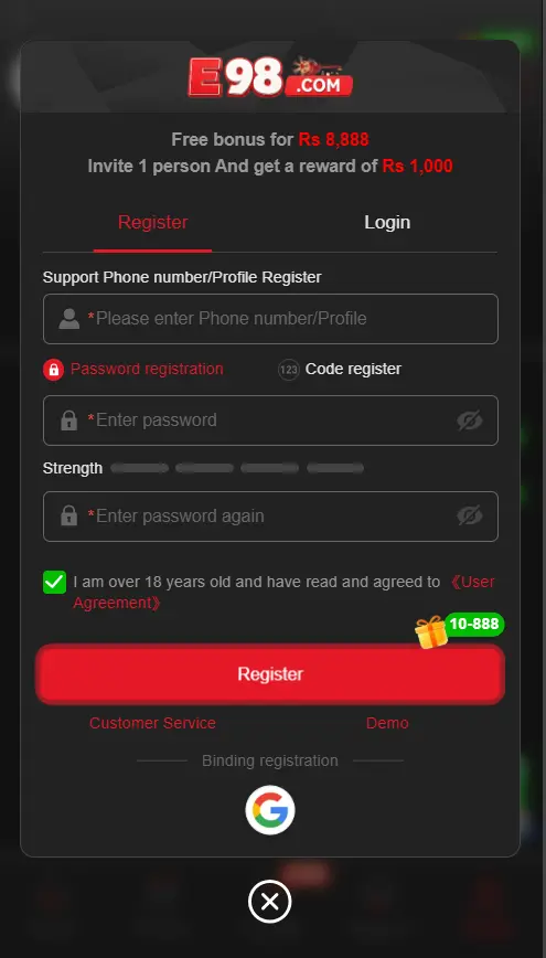 E98 Game Account Registration Process